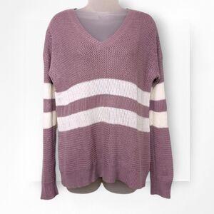 Pink Rose Sweater Varsity Stripe Mauve White V Neck Long Sleeve Medium